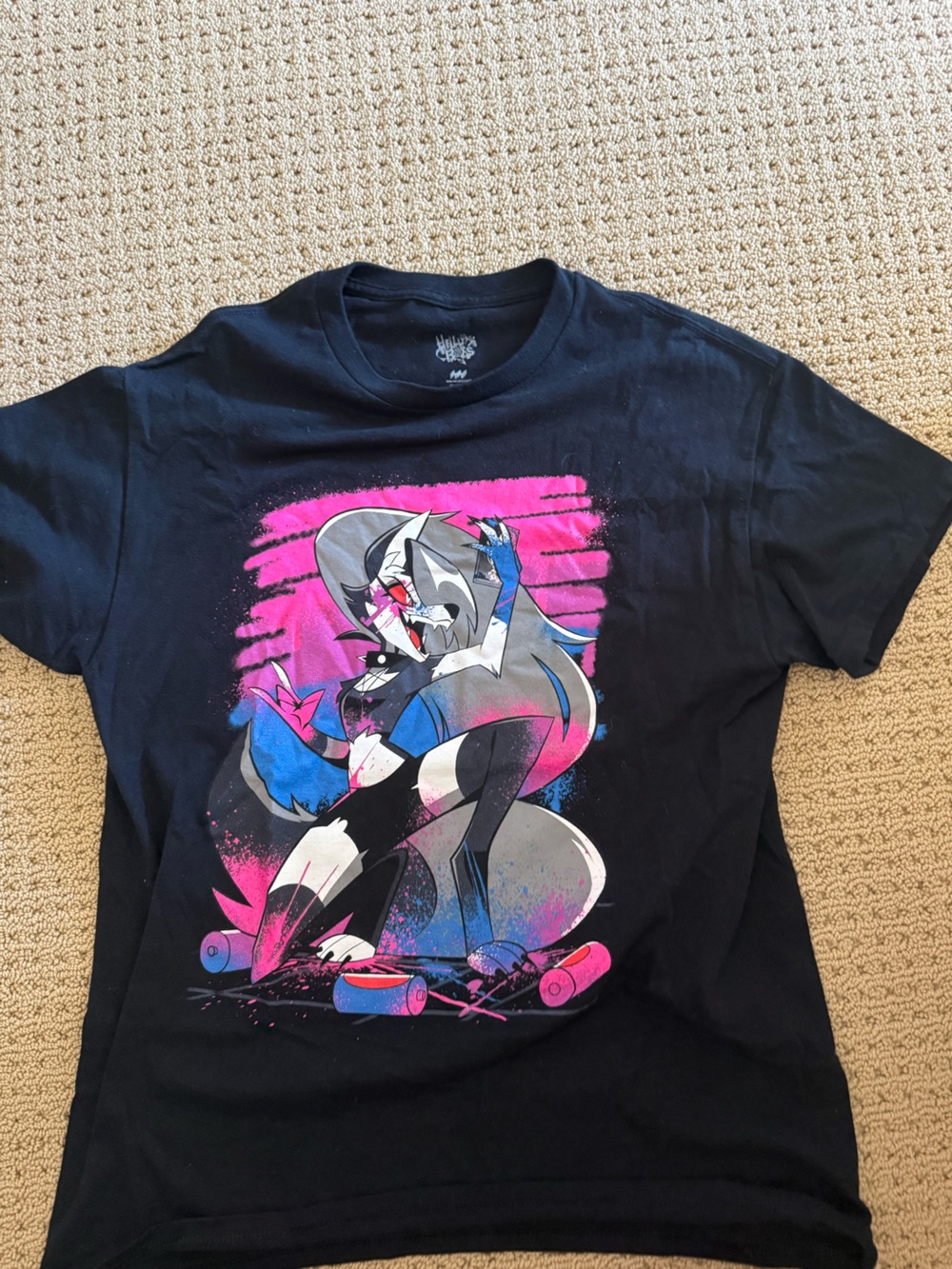 Hot Topic Black Tee with Pink, Blue & Gray Cartoon Graphic